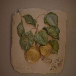 feathers Yellow Fruit Relief Wall Sculpture with Green Leaves